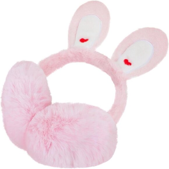 Women's Pink Lovely Bunny Earmuffs Winter Warm Plush Foldable Soft Ear Warmer - Picture 5 of 9